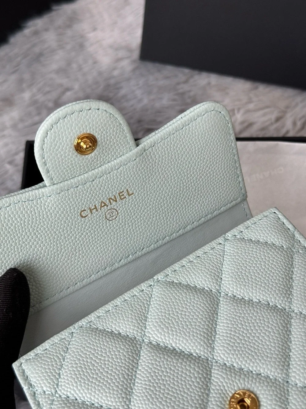 CHANEL Mint Quilted Leather Compact Wallet with Gold CC